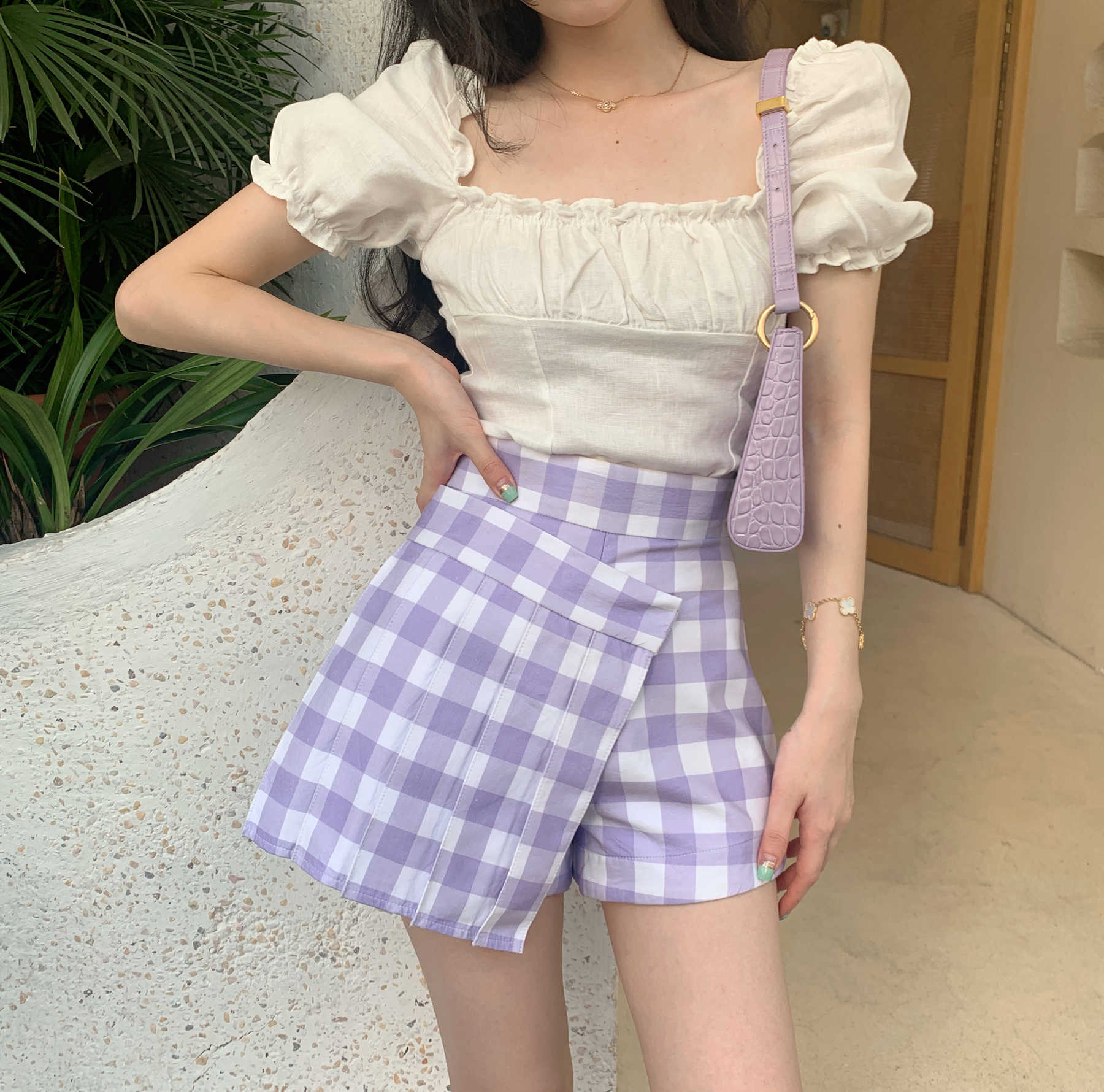 WOMENGAGA Summer White French Square Collar Puff Sleeve Short Top Women's Slim T Shirt Tees Korena 3T4Q 210603