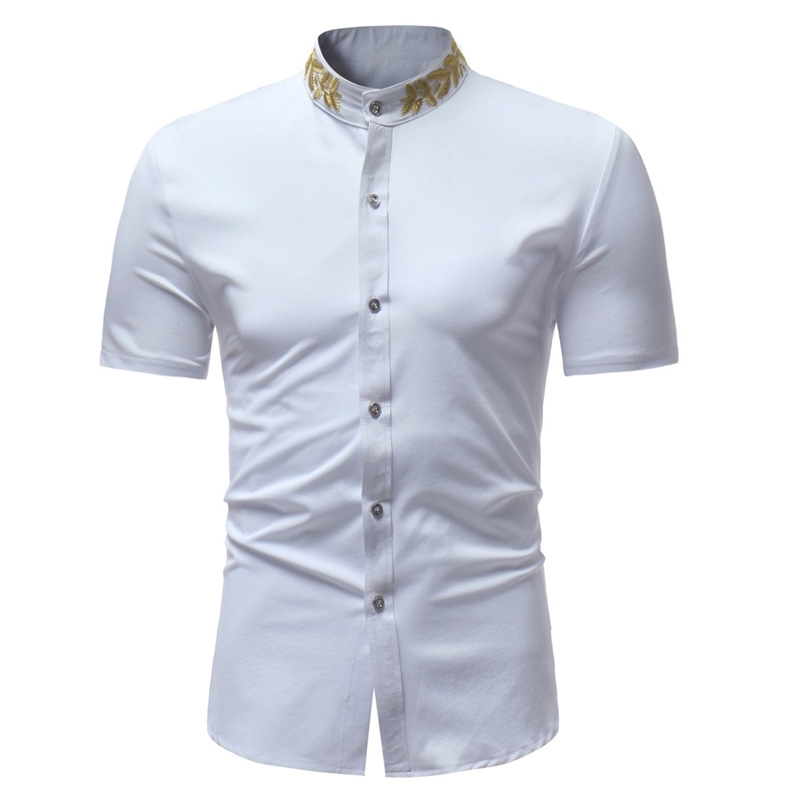 Mens Hipster Embroidery Shirt Summer Mandarin Collar Short Sleeve Men Casual Business Dress s Chemise Homme 210721