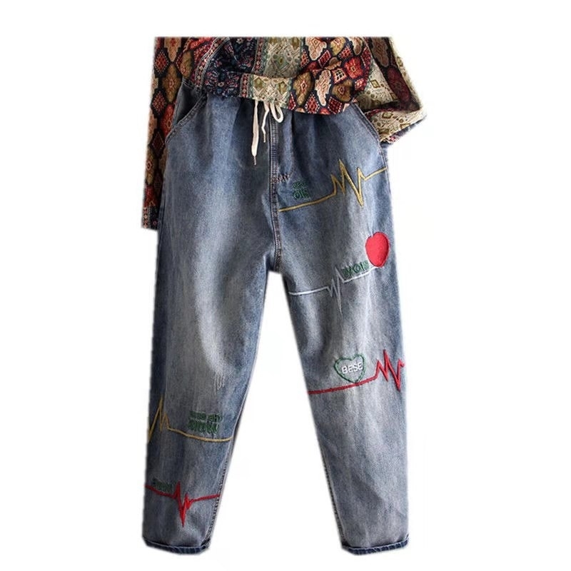 Arrival Spring Summer Women Loose Casual Elastic Waist Harem Pants All-matched Cotton Denim Embroidery Jeans W248 210512