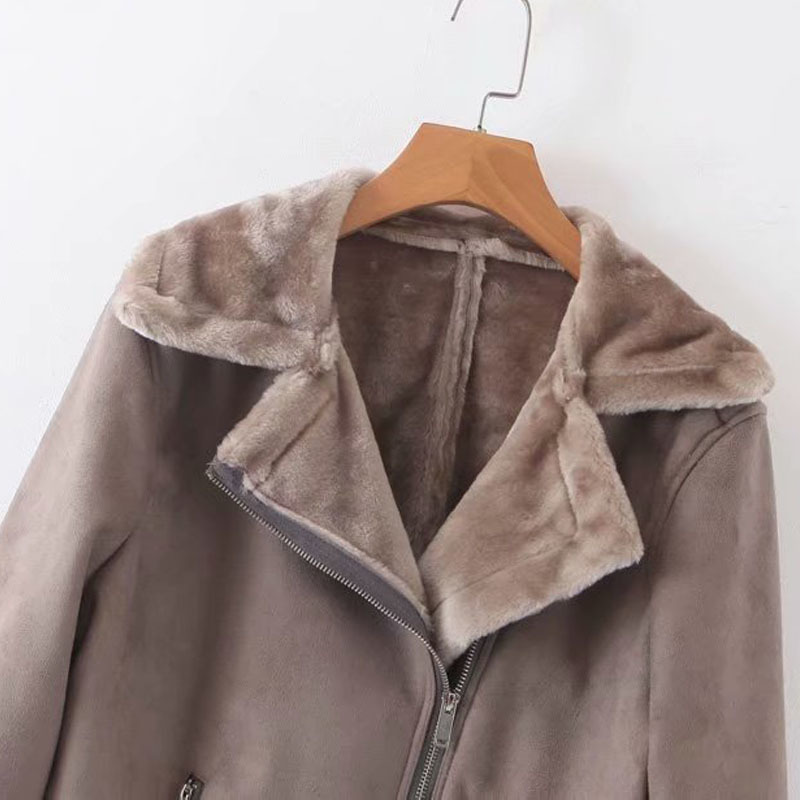 Buckskin Lapel Long Sleeve Zipper PU Women's Jacket Winter Solid Color Lapel Warm Locomotive Female Coat Pocket Harajuku 210507