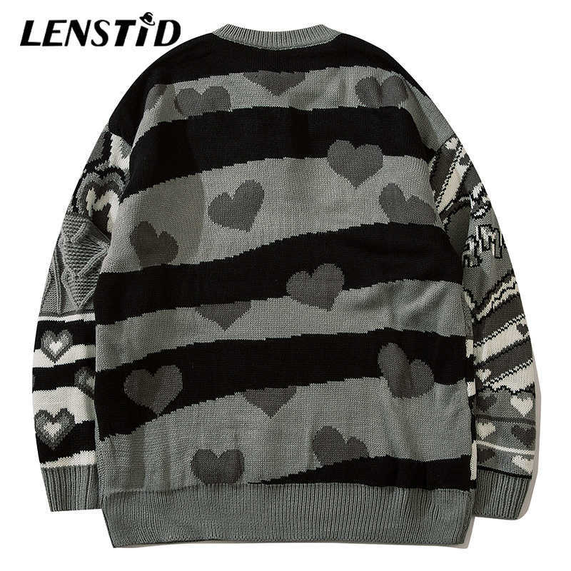 LENSTID Men Hip Hop Knitted Jumper Sweaters Heart Color Block Streetwear Harajuku Autumn Loose Fashion Casual Pullovers 211008