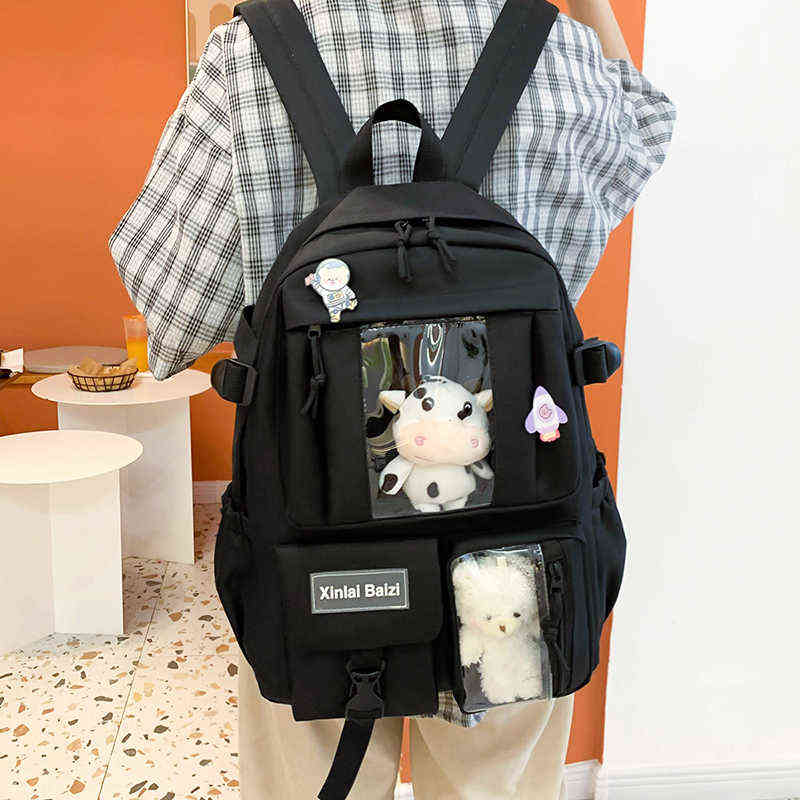 5-piece Fashion Women's Backpack Pure Color Cute Cartoon Student School Bag Canvas Large Capacity Lightweight Travel Backpacks 220209