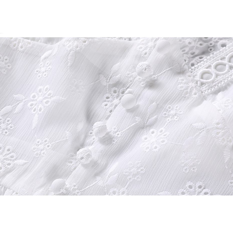 Pure White Blouse Women Mesh Hollow Out Sexy Vneck Blouse Flare Sleeve Embroidered White Shirts Ladies Elegant Blusas Plus Siz 210412