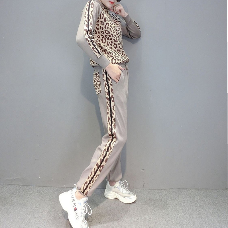 Winter Leopard print zipper knitted cardigans + pencil pants women fashion sport tracksuits slim jacket two piece sets 210520