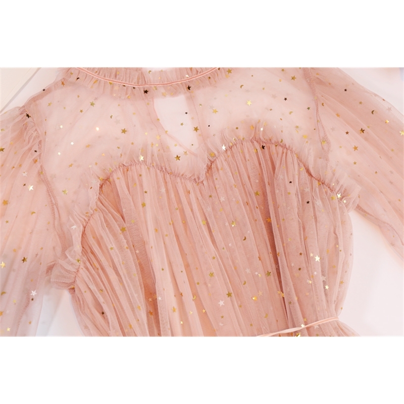 Comelsexy Fashion See Through Sequined Dresses Vestidos Varano Romantic Sexy Mesh Sweet Cute Loose Ruffles Casual Dress 210515