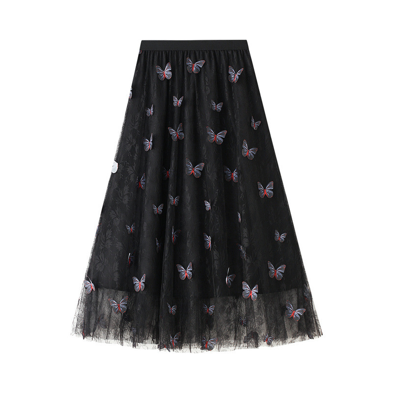 Womens butterfly printed A-line Pleated Skirts Black Tulle Skirt Women Spring Summer Fashion Elastic High Waist Mesh Tutu 210524