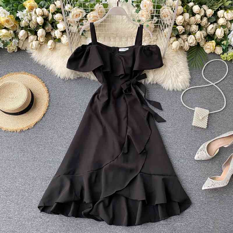 Summer Dress Off Shoulder Korean Vestido Bow Bandage Chic A-line Elegant Ruffle Dresses High Waist Retro Robe 26134 210519
