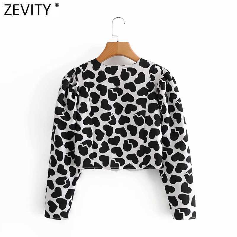 ZEVITY Women French Style Hearts Print Short Blouse Shirt Women Breasted Chic Office Femininas Blusas Crop Slim Tops LS9305 210603