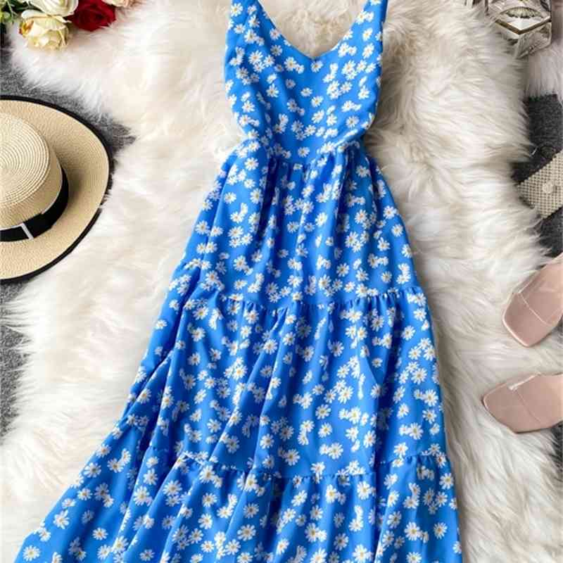 LY VAREY LIN Summer Sexy Spaghetti Strap Floral Dress A Line V neck Sleeveless High Waist Mid-Calf Lady 210526