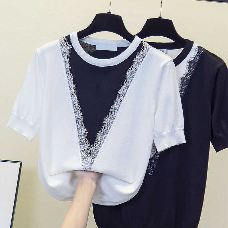 Summer Short Sleeve Thin Knitted Pullover Lace Tops Women Summer Patchwork Casual Korean Pull Femme Jumper Female Tee Shirt 210604, Black
Summer Short Sleeve Thin Knitted Pullover Lace Tops Women Summer Patchwork Casual Korean Pull Femme Jumper Female Tee Shirt 210604, Black