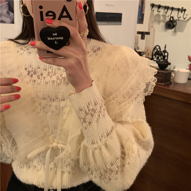 Comelsexy Apricot Ruffles Streetwear All Match Stylish Lace Patchwork Chic French Retro Gentle Blouses Tops Shirts 210515