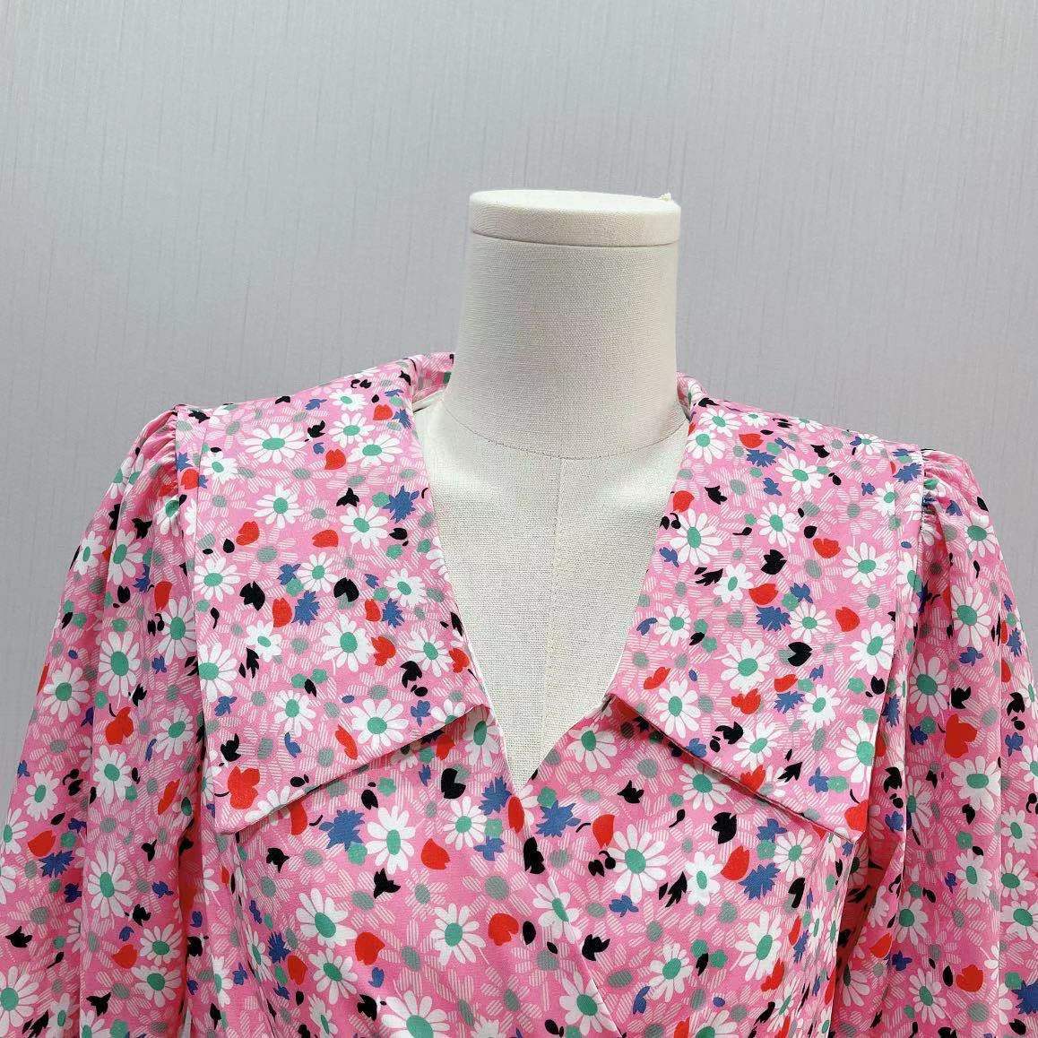 Korean Style Spring Blouse Women Pink Flower Puff Sleeve Top Ladies Elegant Peter Pan Collar Lace Up Bow Chic Blouse 210518