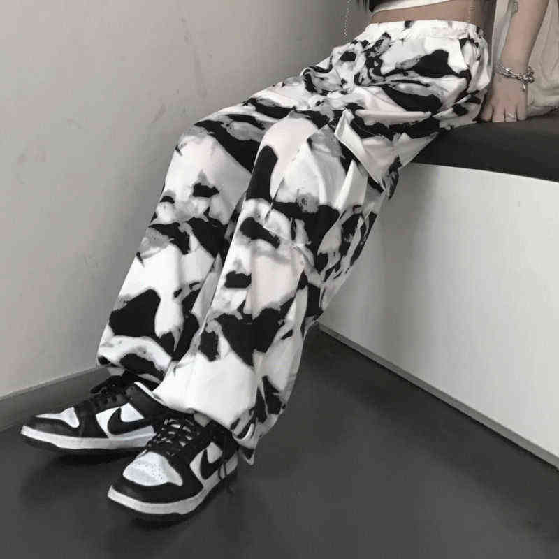 HOUZHOU Cargo Pants Tie Dye Harajuku Streetwear Women Wide Leg High Waisted Trousers Punk Oversize Aesthetic Korean Fashion 211124