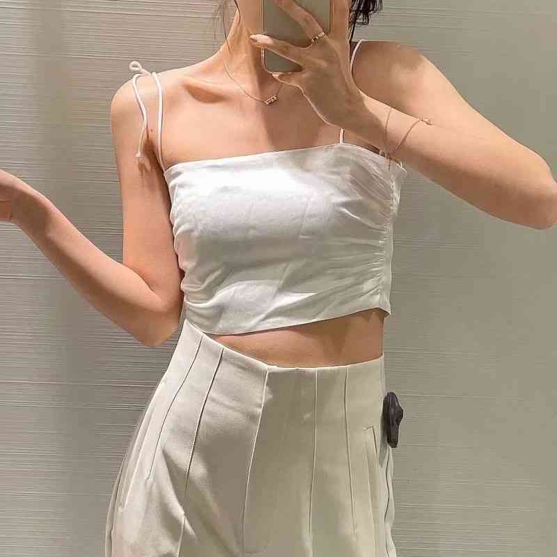Summer Women Solid Satin Pleating Short Suspender Blouse Casual Female Sleeveless Slim Crop Tops T1519 210430