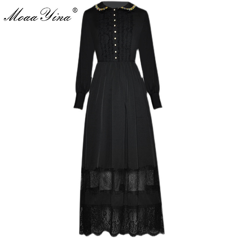 Fashion dress Spring Women's Dress Beaded Diamond Peter pan Collar Long sleeve Black Lace Elegant long Dresses 210524
Fashion dress Spring Women's Dress Beaded Diamond Peter pan Collar Long sleeve Black Lace Elegant long Dresses 210524