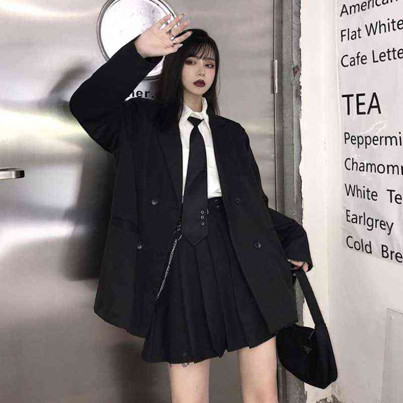 Korean Black Suit Blazers Outerwear Long Sleeve Women Double Breasted Thin Coat Casual Office Spring Clothes 211122