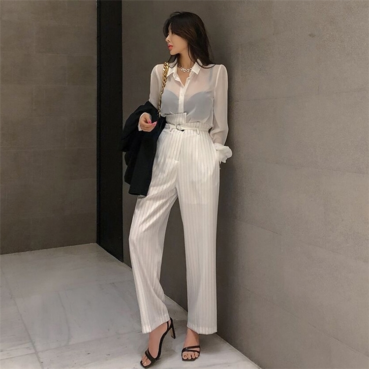 Colorfaith New Autumn Winter Women Pants Wide Leg High Waist Striped Lace Up Irregular Elegant Ankle-Length Trousers P3212 210413