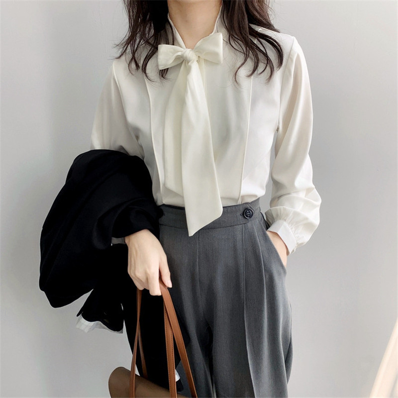 Basic Shirt Women Autumn OL Elegance Chic Chiffon Blouses Long Sleeve Lace Up Bow Collar All Match Loose Shirts 210421