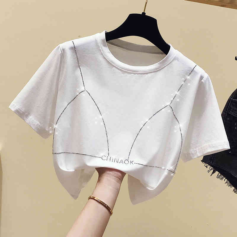 Short Style Bling Women Tee Summer Women's Sleeves O Neck Cotton T-Shirt Tees Girls Pullover Casual Tops A3295 210428