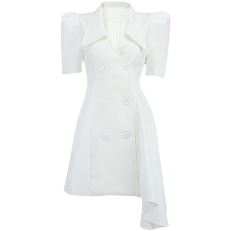 Fashion Women Temperament Double Breasted Ruffles Irregular Dress Office Lady Lapel Puff Sleeve Elegant Vestidos 210519