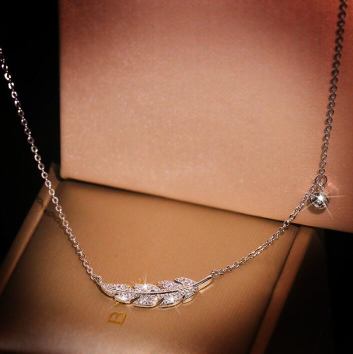 Sterling Sier Feather Necklace - Delicate Pendant with White Sapphire CZ Accents, Perfect for Party & Wedding Free shipping