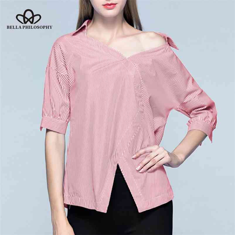 Autumn Blouse Shirt Women Sashes Stripe Patchwork Three Quarter Sleeve Female Casual Turn Down Collar Top 210519, Blue
Autumn Blouse Shirt Women Sashes Stripe Patchwork Three Quarter Sleeve Female Casual Turn Down Collar Top 210519, Blue