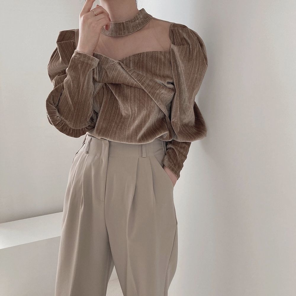 Elegance Puff Sleeves Patchwork Women Slim Gentle Mesh Work Wear Stylish Brief Office Lady Basic Shirts 210421