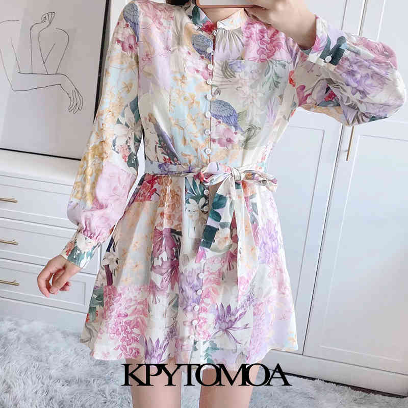 Women Chic Fashion With Belt Floral Print Linen Mini Dress O Neck Long Sleeve Female Dresses Vestidos 210420