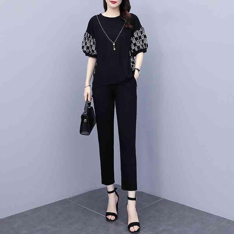 Summer Fashion Loose Pants Set Women 2 Piece Sets Plus Size Outfits Korean Short Sleeve Tunic Tops + Elastic Waist Suits 210514