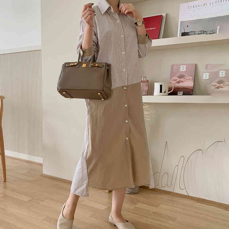 Striped Patchwork Shirt Dress Women's Summer Lapel Loose Single Breasted Long Sleeve Mid-calf Dresses 5E364 210427