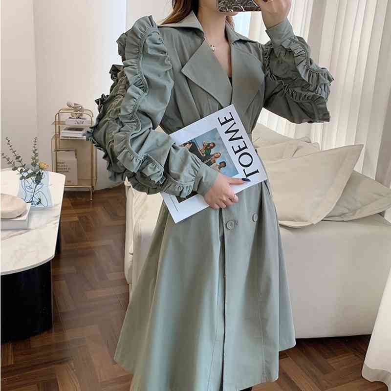 Korean Patchwork Ruffle Windbreaker For Women Lapel Long Sleeve Sashes Black Casual Trench Female Fashion Spring 210524