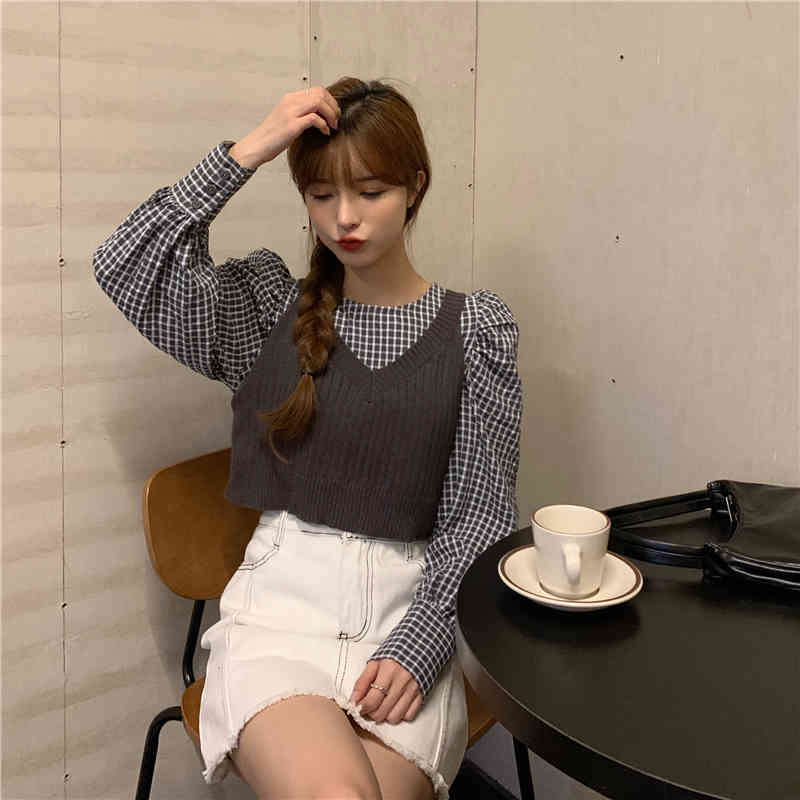 Nomikuma Women Plaid Blouse 2piece Sets Puff Long Sleeve O-neck Shirt + V-neck Short Sleeveless Lace Up Vest Outfits 6C586 210427