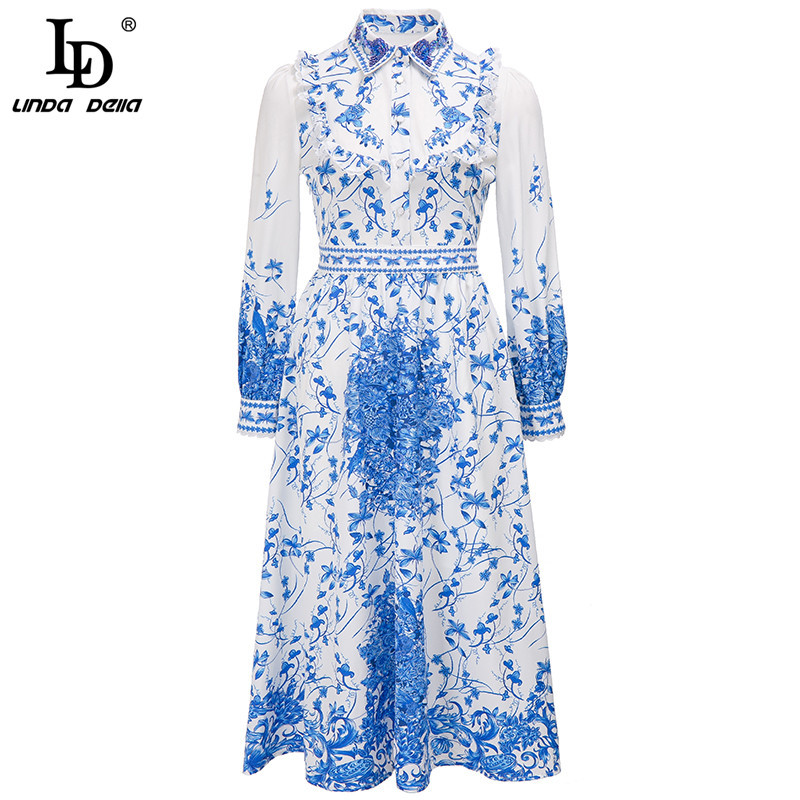 Fashion Runway Summer Dress Women Sequins Long Sleeve Elegant Blue White Print Holiday Female Vintage Midi 210522