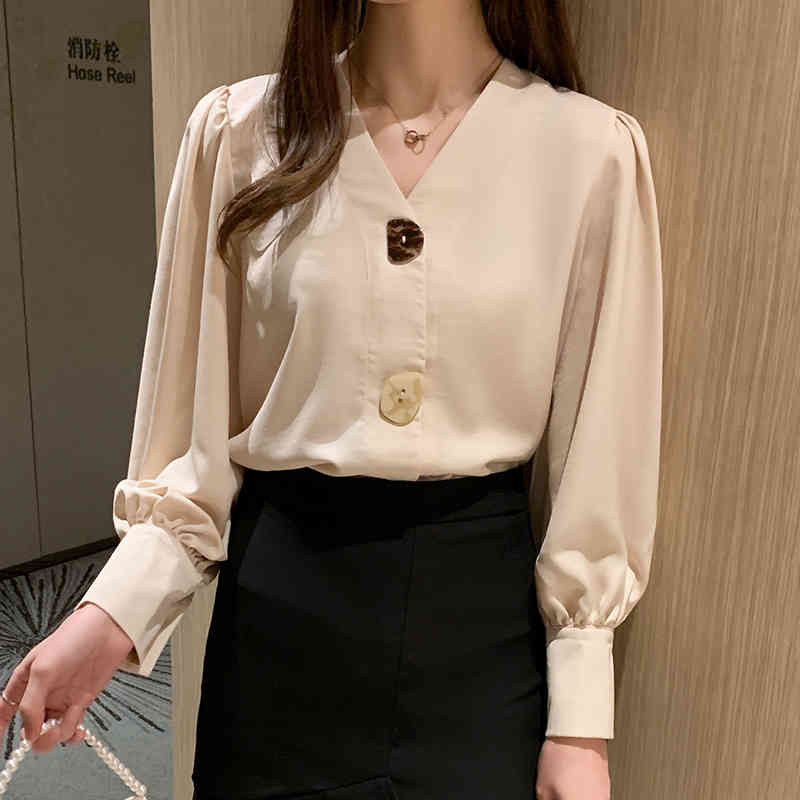 Women Vintage Blouses V-neck Long Sleeve Shirt Solid Tops Casual Korean Lantern Office Lady Clothes 10567 210506