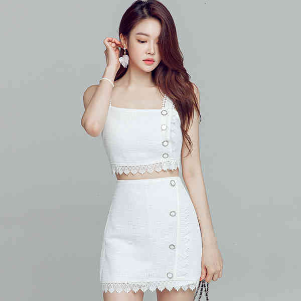 Summer Arrival Fashion 2 Piece Set Women Lace patchwork Sling Vest crop top + Bodycon Mini Skirt 210519