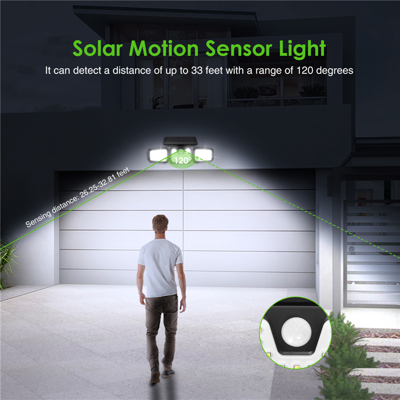 Outdoor Wall Lamps Solar Security Lamps 3 Head Motion Sensor Lights Adjustable Outdoor Spotlights 360°Rotatable IP67 Waterproof Porch Garden Patio Yar