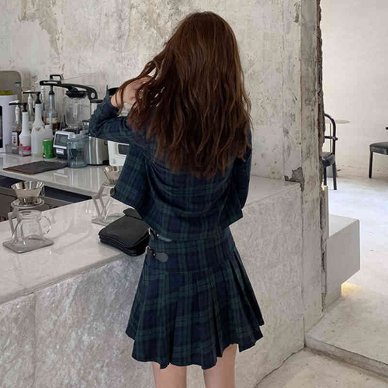 Arrival Autumn England Style Women Long Sleeve Plaid Jacket Blazer+high Waist Pleated Mini Skirt Two Piece Set Suits D534 210512