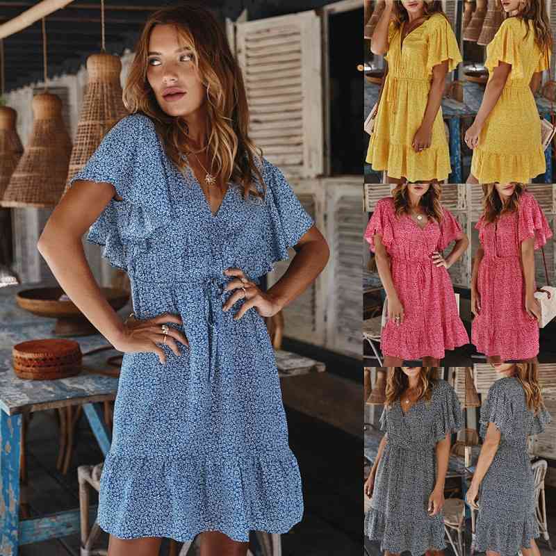 Boho Women Dresses Summer Sexy V Neck Floral Print Beach Ruffle Short Sleeve A Line Mini Wrap Sundress Robe 210603, Blue
Boho Women Dresses Summer Sexy V Neck Floral Print Beach Ruffle Short Sleeve A Line Mini Wrap Sundress Robe 210603, Blue