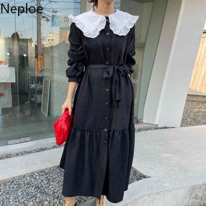 Neploe Korean Chic Maxi Dresses Women Temperament Peter Pan Collar Ruffles Vestidos Single Breasted Loose Lace Up Elegant Dress 210422