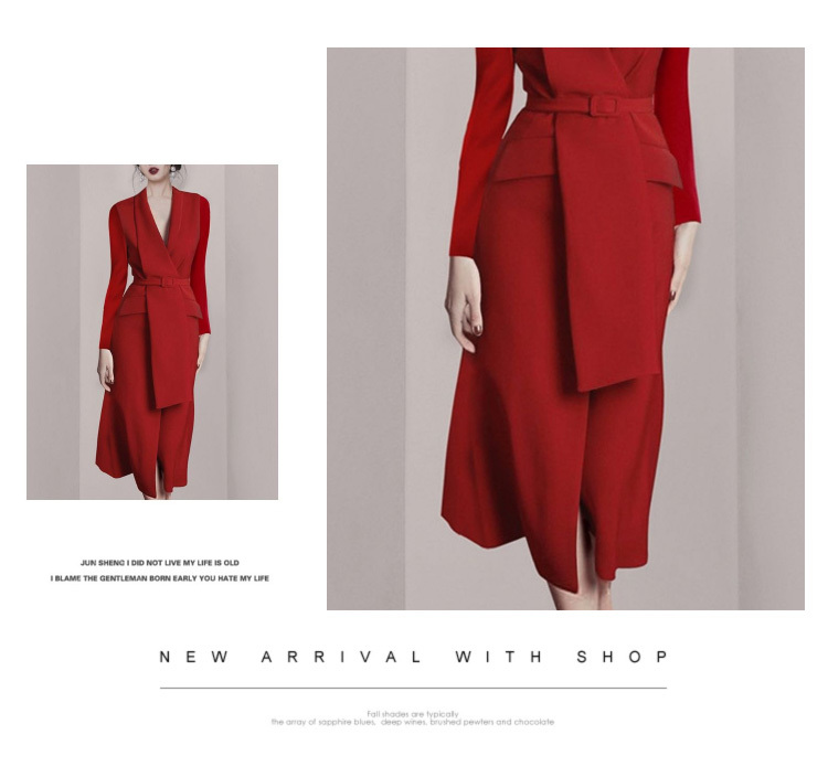 high quality temperament business elegant vestido da festa Autumn Winter Korean OL belt waist Notched Long sleeve Red dress 210519