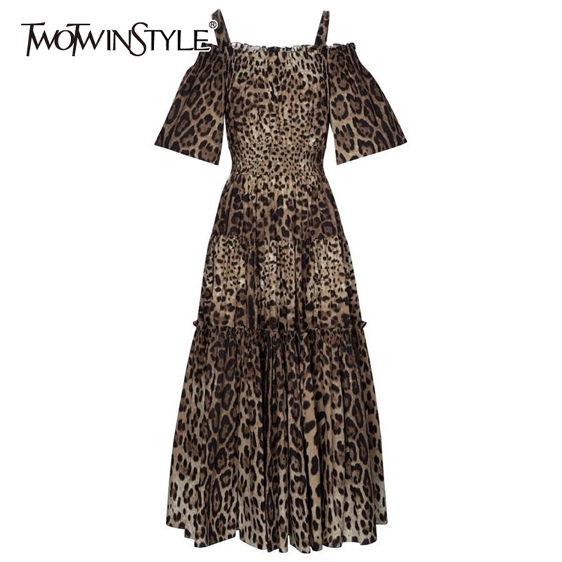 Leopard Print Sling Dress For Women Square Collar Short Sleeve High Waist Sexy Midi Dresses Female Summer 210520