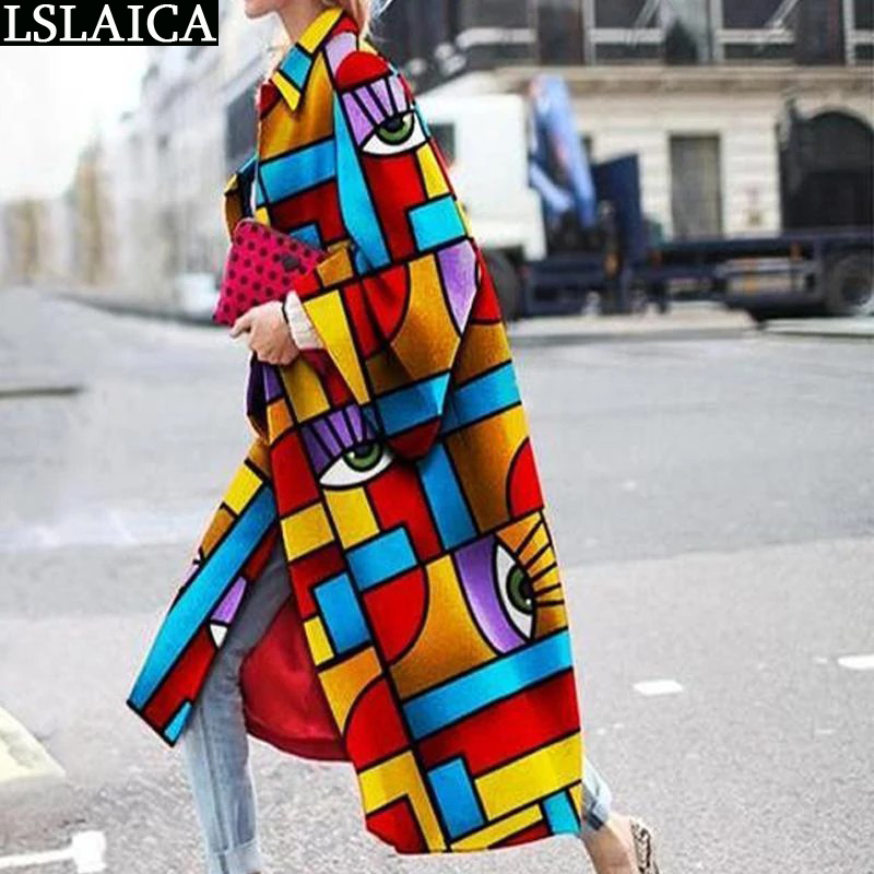 Casual Lapel Trench Coat For Women Autumn Winter Fashion Print Loose Warm Long Plus Size High Street Style Ladies Overcoats 210520