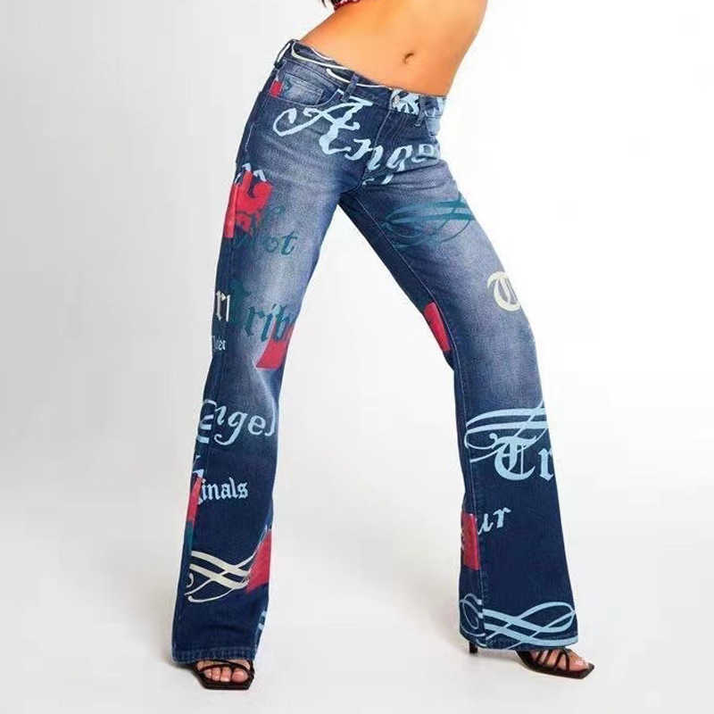 Fashion Letter Pattern Jeans Women Blue Vintage Streetwear Denim Trousers Wide Leg Pants Lady Casual Flared 210922