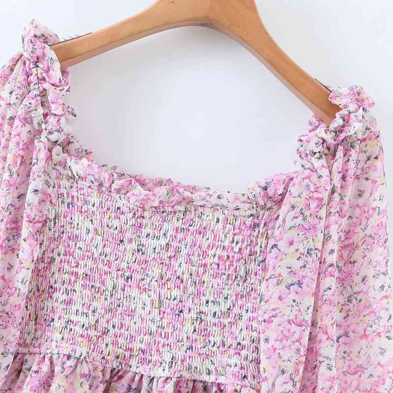 Sweet Women O Neck Lantern Sleeve Blouse Spring-autumn Fashion Ladies Beach Style Cute Shirt Chiffon Print Top 210430