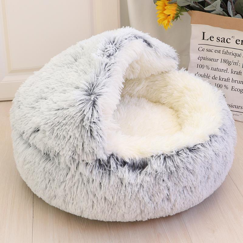 Stock Cat Beds & Furniture Plush Pet Dog Bed House Warm Round Kitten Semi-enclosed Winter Nest Kennel Cats Sofa Mat Basket Sleeping Bag