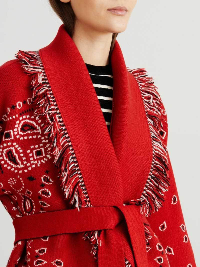Red Cashmere Blend Fringed Cardigan Oversized Long Sleeve Bohemian Winter Coat 2024 - Geometric Jacquard, V-Neck, Open B3