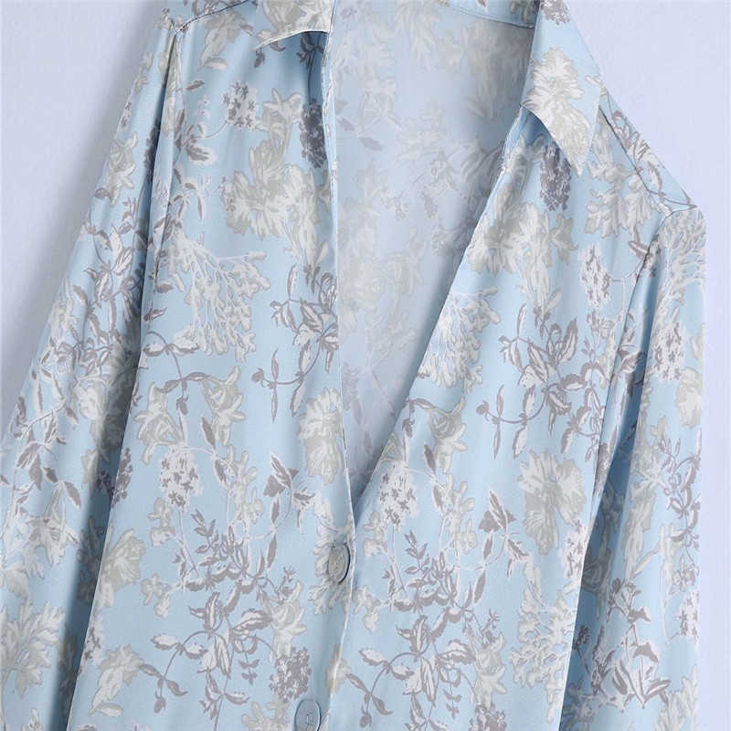Za Print Shirt Dress Women Long Sleeve Knotted Sky Blue Midi Dresses Chic Button Up Side Vents Woman Vintage Summer Dress 210602