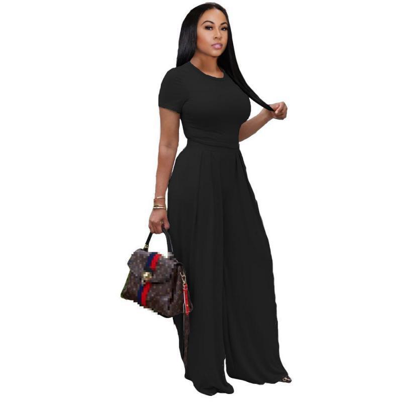 Women Sets Short Sleeve T Shirt High Waist Wide Leg Pants Two Piece Plus Size Suit Fashion 210524