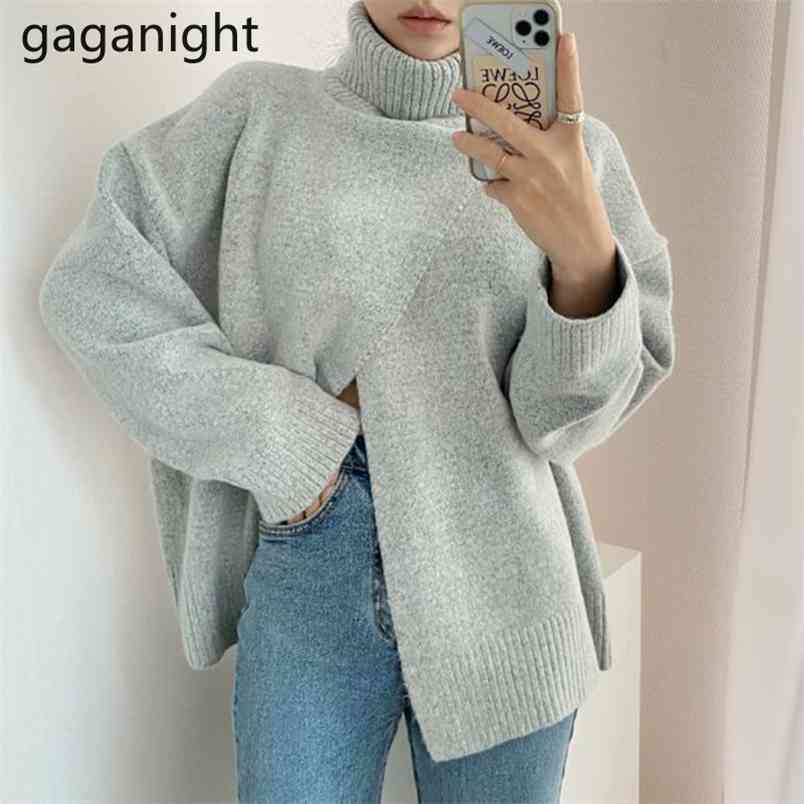 Fashion Solid Women Turtleneck Sweater Autumn Winter Warm Loose Pullovers Elegant Reversible Sweaters Split Female 210601