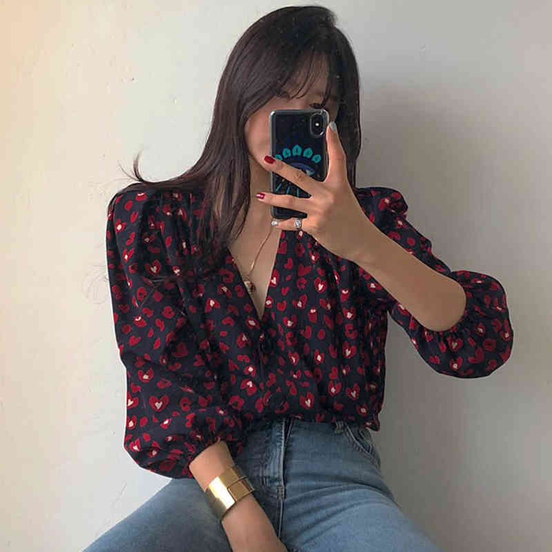 Shirts Women V Collar Office Blouse Heart Printed Tops and Blouses Vintage Elegant Blusas Femininas Summer 210519